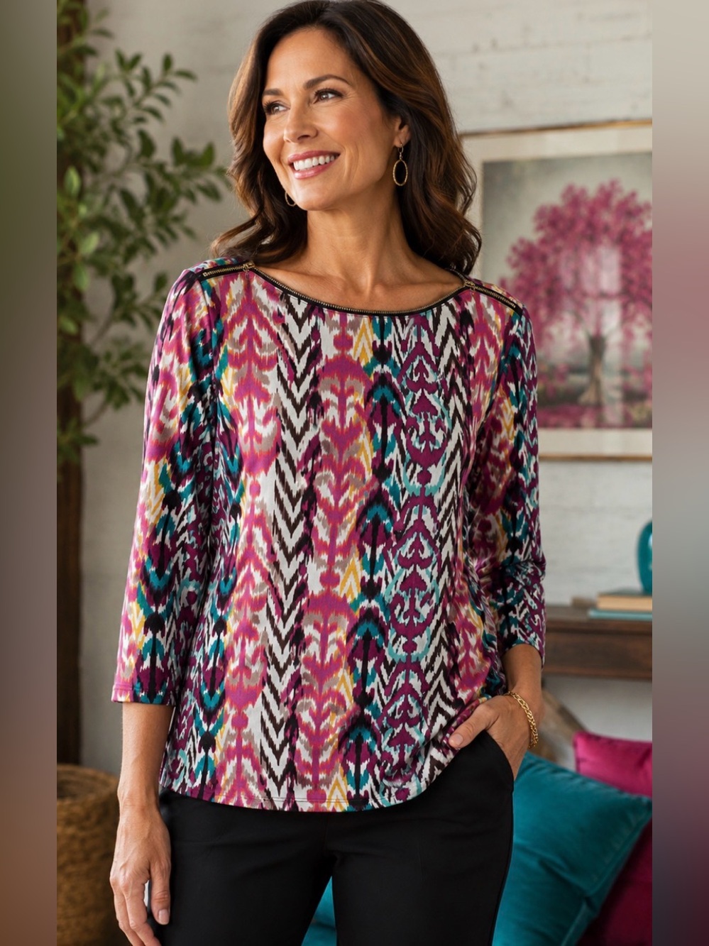 Rafaella XL Colorful Abstract Print Zip Neck 100% Cotton Top